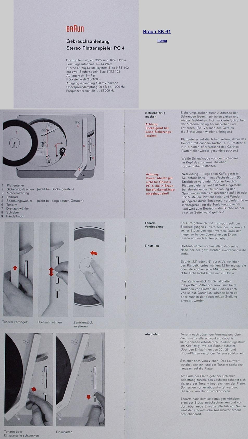 Betriebsanleitung der Plattenspielerkomponente PC 4 des Braun SK 61